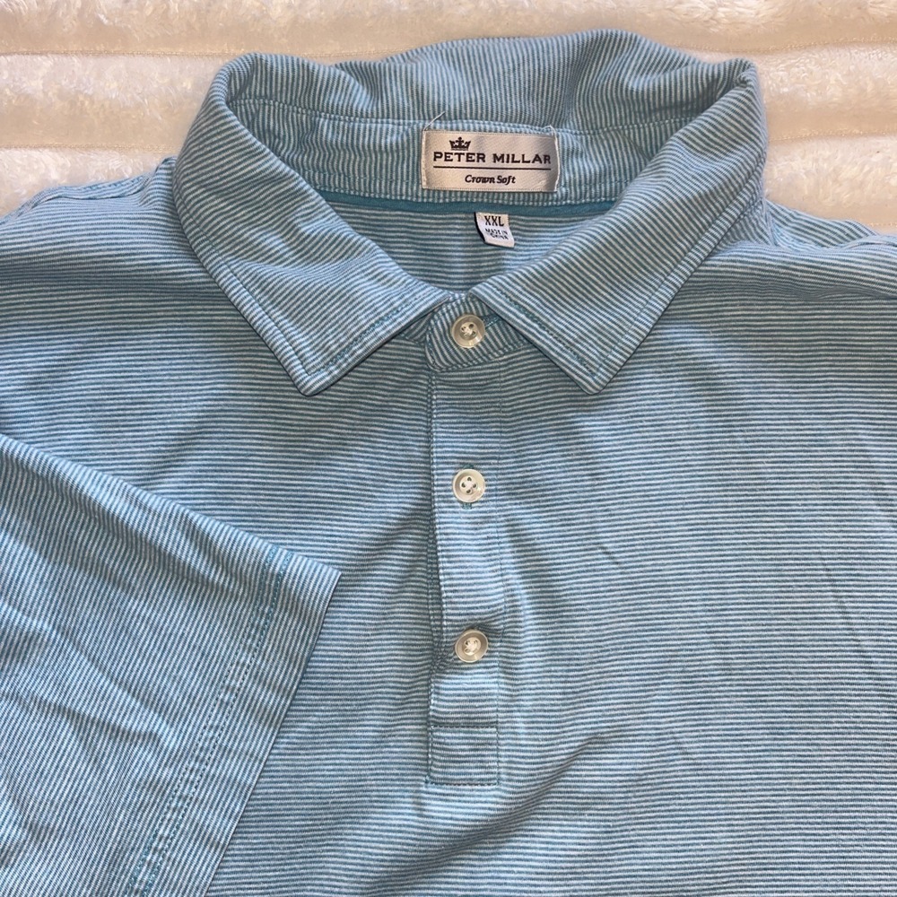 Peter Millar Polo Mens XXL Blue Striped Crown soft Silk Short Sleeve Golf Luxe‎